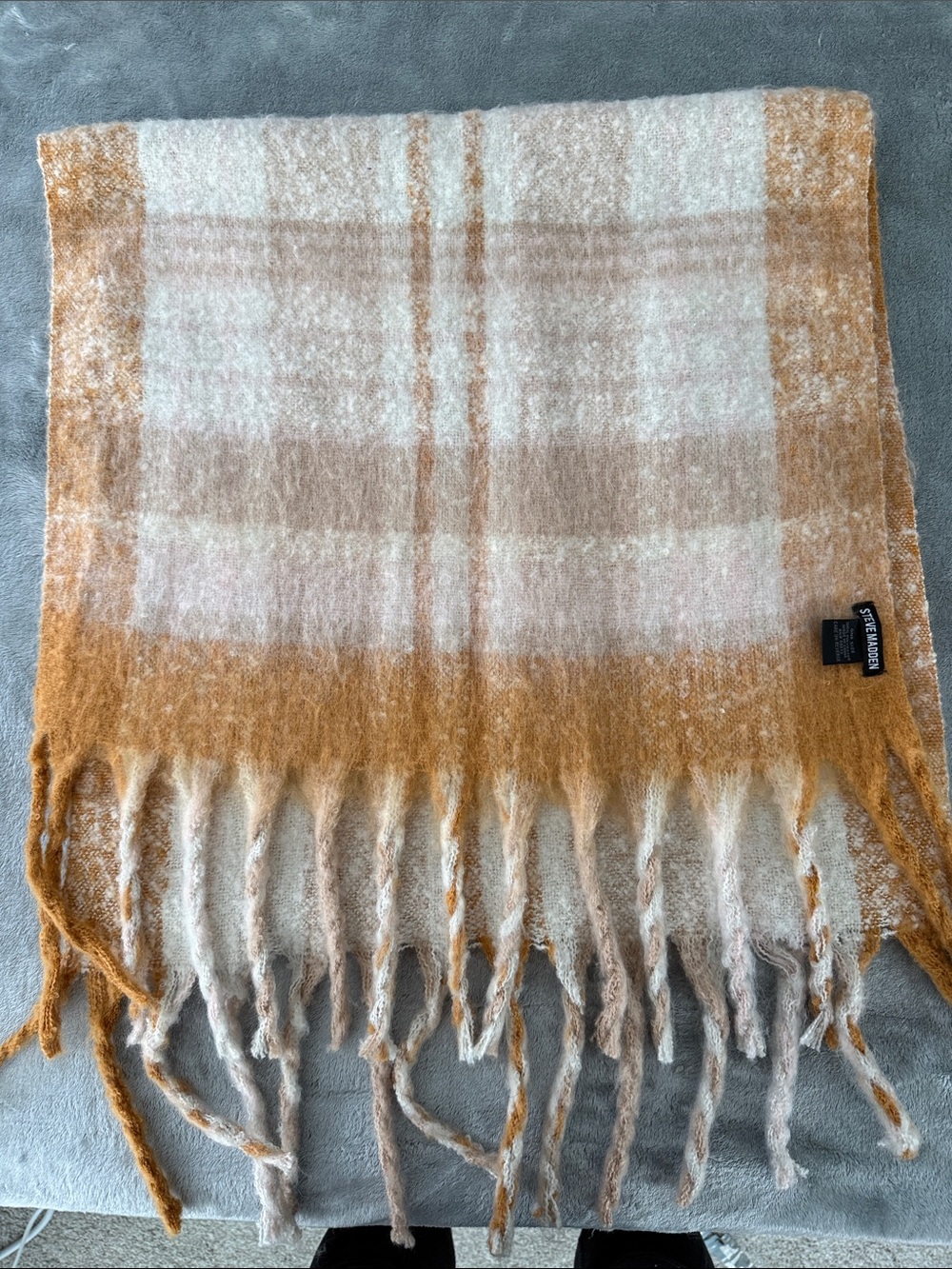 Steve Madden Mustard and Cream Plaid Scarf with Fringe